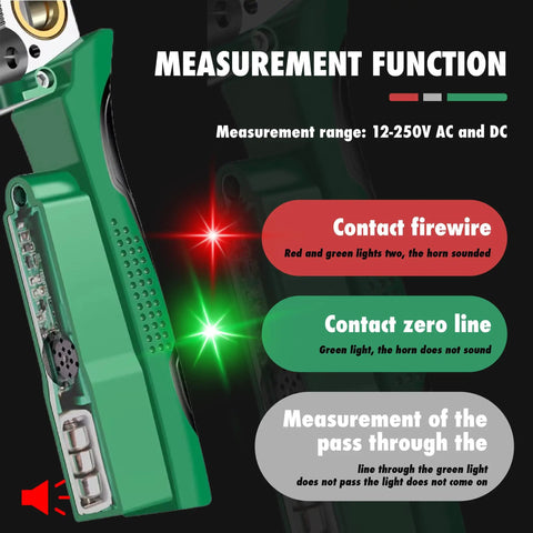 Eight In One Wire Stripper Tool With Non Contact Voltage Detector And Insulated Safety Handles For Electricians And DIYers A Pro Grade Heavy Duty Multi Function Pliers Set That Strips Cuts Crimps And More For Electrical Work, showing measurement function with AC/DC voltage detection.