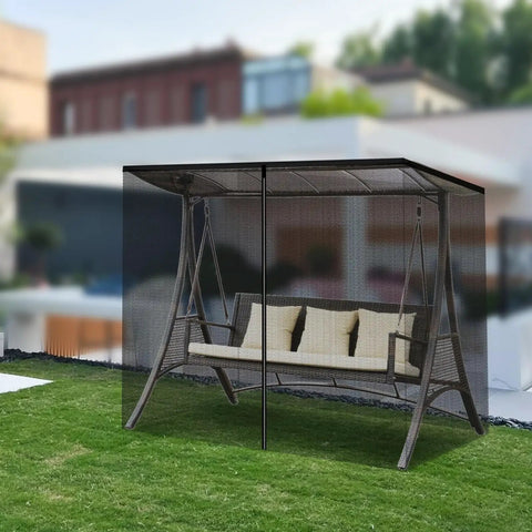 Premium Patio Swing Mosquito Netting For 2 To 3 Seater Outdoor Swing Black Mesh With Double Zipper opening view installed