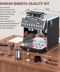 Badass Espresso Machine With Integrated Grinder And Twenty Bar Pressure For Smooth Morning Sips Featuring Thirty Precision Grind Levels Five Eight Millimeter Portafilter And Pro Steam Wand For Creamy Lattes In Sleek Iron Grey displayed with premium barista kit accessories.