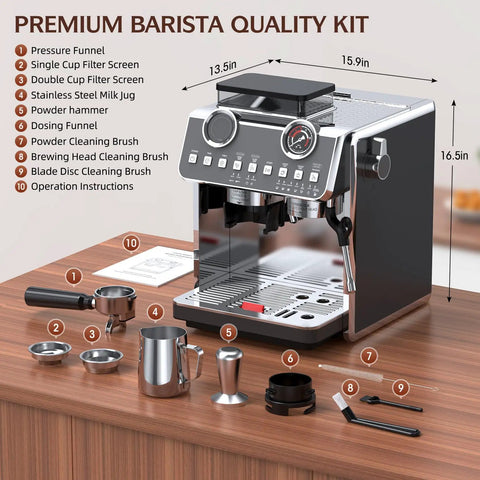Badass Espresso Machine With Integrated Grinder And Twenty Bar Pressure For Smooth Morning Sips Featuring Thirty Precision Grind Levels Five Eight Millimeter Portafilter And Pro Steam Wand For Creamy Lattes In Sleek Iron Grey displayed with premium barista kit accessories.