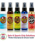 Colorful bottles of Spin-It Sports Gripping Spray displayed, featuring Chalkless Grip Spray For Pole Dancing Aerial Silk And Court Sports
