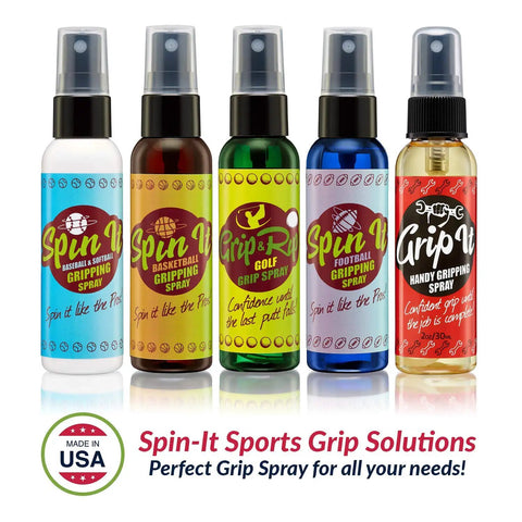 Colorful bottles of Spin-It Sports Gripping Spray displayed, featuring Chalkless Grip Spray For Pole Dancing Aerial Silk And Court Sports