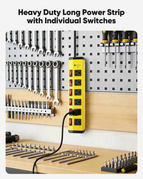 Dope Heavy Duty Surge Protector With Individual Switches And Wide Spaced 6 Outlets 6 Foot Cord 15 Amp Power Strip For Home Office And Gaming Setup Energy Saver By Turning Off Specific Devices mounted on a tool wall