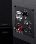 Back panel view of PB42X Powered Bookshelf Speakers With 30 Watt RMS, Near Field Studio Monitors showing volume and input controls.