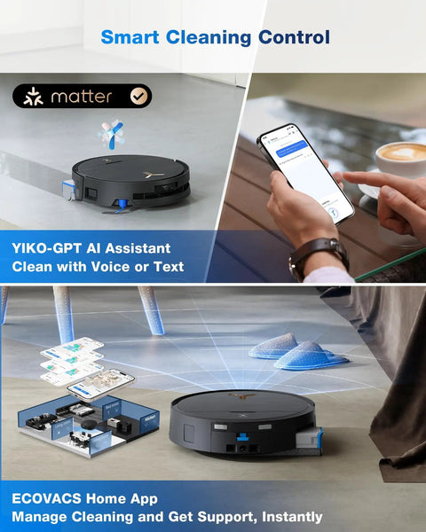 Deebot X9 Pro Omni Robot Vacuum And Mop With Beastly 16,600 Pa Suction For Deep Carpet Cleaning shown with smart control features