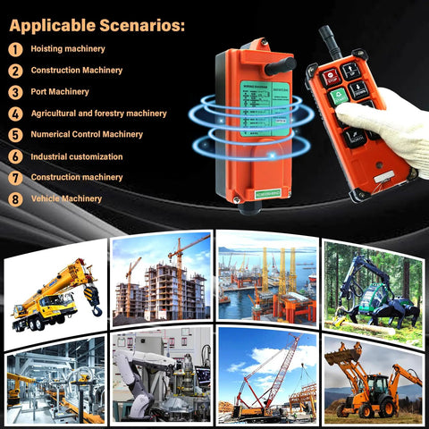Heavy Duty Full Voltage Industrial Wireless Crane Remote Control Kit For Electric Lift Hoist And Overhead Tower Bridge Systems, 12V To 440V, 315MHz RF, Includes Two Transmitters And One Receiver, Orange, shown with applications in various machinery scenarios.