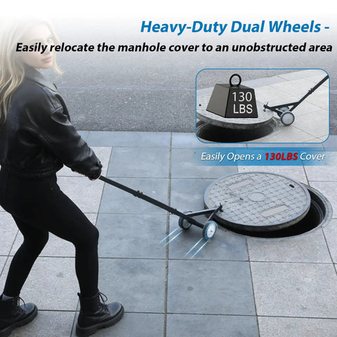 Heavy Duty Manhole Cover Hook With Double Wheels For Easy One Person Lifting Of Storm Drains Sewer Lids Septic Tanks And Steel Covers