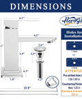 Dimensions of Brushed Nickel Waterfall Stainless Steel Bathroom Faucet With Pop Up Drain And Two Hoses For 1 Hole Or 3 Holes Single Handle Deck Mount For Vanity And RV Lavatory Drip Free Cartridge And Rust Resistant.