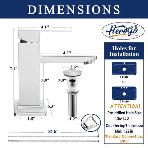 Dimensions of Brushed Nickel Waterfall Stainless Steel Bathroom Faucet With Pop Up Drain And Two Hoses For 1 Hole Or 3 Holes Single Handle Deck Mount For Vanity And RV Lavatory Drip Free Cartridge And Rust Resistant.