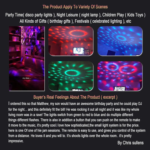 Collage showcasing Disco Ball Party Lights With Remote in various color patterns for parties, karaoke, and events.