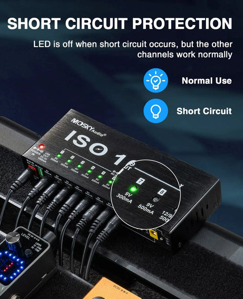 Guitar Pedal Power Supply For Your Rig With 10 Isolated Outputs And USB Port 9V 12V 18V Adjustable Rails shown with cables connected.