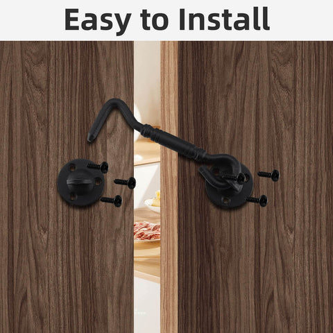 Rust-Proof Barn Door Hook And Eye Latch 4 Inch Privacy Lock Hardware for Sliding Doors installed with screws