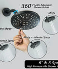 Adjustable 6-inch shower head from Three-Handle Tub And Shower Faucet Set In Dope Matte Black with spray mode selection