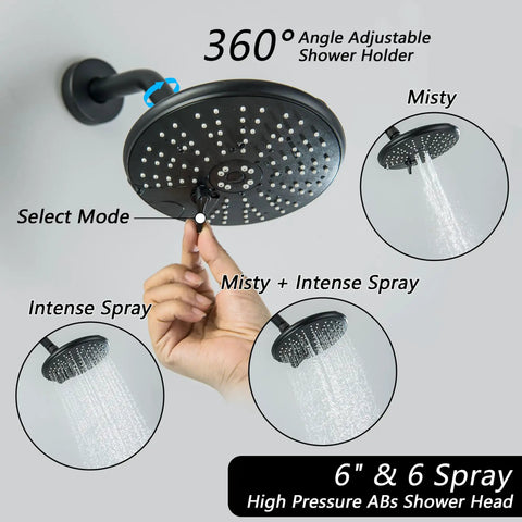 Adjustable 6-inch shower head from Three-Handle Tub And Shower Faucet Set In Dope Matte Black with spray mode selection