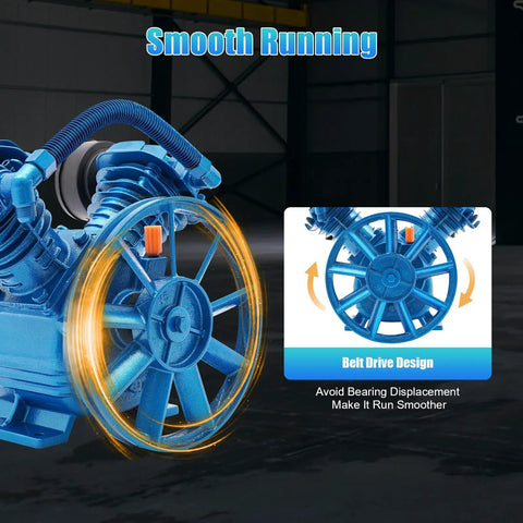 Heavy Duty 3HP Air Compressor Head Pump With Twin Cylinder Motor And Belt Drive. 115 PSI Discharge Pressure For Portable Tool Projects. Cast Iron Construction Ensures Durability And Smooth, Quiet Operation. Includes Two Air Filters And Silencers For Peak