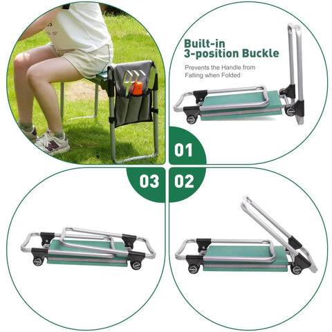 Two In One Garden Kneeler And Seat Bench Foldable Workseat with Eight Inch Wide EVA Foam Pad and Detachable Tool Pouch, shown folded and in use.
