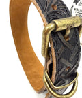 Heavy Leather Dog Collar Featuring Hand Carved Celtic Chain Design And Plush Suede Backing Tailored For Large Pooches 14 To 18 Inches Wide Aged Raw Brass Hardware close-up of buckle and leather detailing.