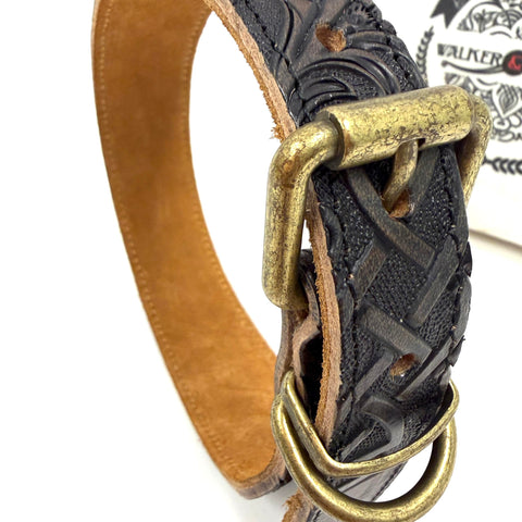 Heavy Leather Dog Collar Featuring Hand Carved Celtic Chain Design And Plush Suede Backing Tailored For Large Pooches 14 To 18 Inches Wide Aged Raw Brass Hardware close-up of buckle and leather detailing.