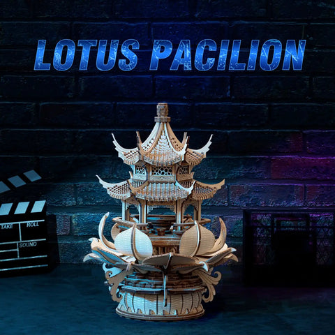 Awesome Wooden 3D Puzzle Lotus Pavilion Music Box Building Kit For Adults With 619 Precisely Cut Parts And Included Tools Wax Sandpaper DIY Wood Craft Gift For Men And Women Creative Assembly Hobby Toy For Mindful Play, Lotus Pavilion model
