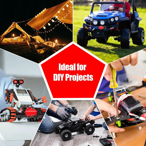 Collage of DIY projects with robots, tents, and toy cars, highlighting Battery Adapter For Milwaukee 12V Batteries With 14 Gauge Wire Terminals And Fuse Protection.