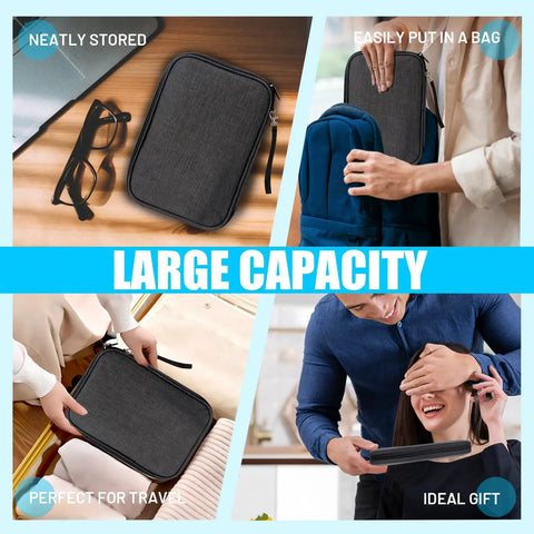 Collage showing Ultimate Travel Cable Organizer Bag With Double Layer Tech Pouch for versatile storage and portability.