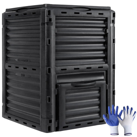 80 Gallon Outdoor Compost Bin With Top Flip Lid Includes Gloves Large Aerating Garden Box For Yard Waste Easy Exit Door BPA Free Material Black Turns Scraps Into Rich Compost Fast visible alongside gloves