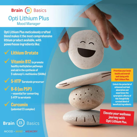 Lithium Orotate Brain Support Supplement With Enhanced Nutrient Absorption For Optimal Well Being Everyday Brain Boost Focus Mood And Cognitive Health To Keep You Sharp And On Your Game image with pebble decorations and feature highlights
