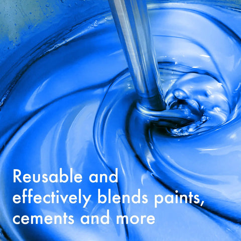 Extra Long Drill Mixer Paddle Pack of 2 17 Inch Shank mixing blue paint in a bucket, close-up of zinc plated steel paddle in action