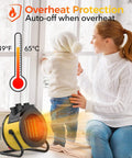 Indoor Space Heater 1500W PTC Ceramic with temperature gauge and overheat protection, beside mother and child by window