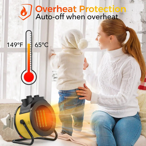 Indoor Space Heater 1500W PTC Ceramic with temperature gauge and overheat protection, beside mother and child by window
