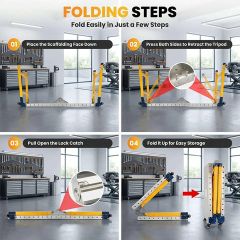 Folding steps for the 1200 Lbs Heavy Duty Folding Welding Table With Adjustable Height Solid Alloy Steel Workbench for easy storage.