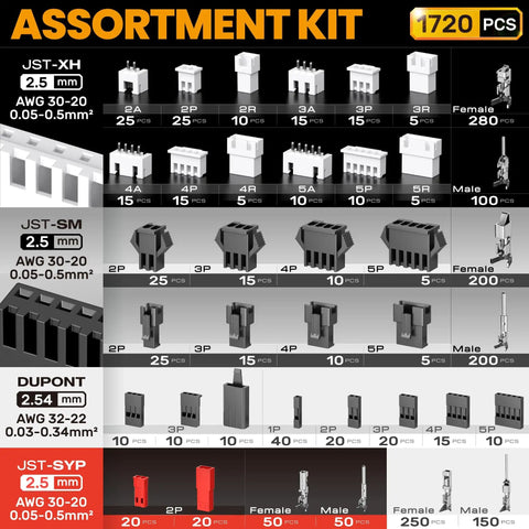 Assortment of JST XH SM SYP 2.5mm and Dupont 2.54mm connectors from All In One Crimping Tool And Connector Kit With 1720 Pieces