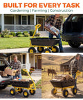 Man using Beefy Garden Dump Cart With 1400LB Capacity for lawn tasks, showing utility wagon with 10 inch all terrain tires black.