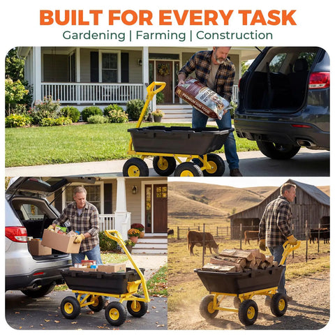 Man using Beefy Garden Dump Cart With 1400LB Capacity for lawn tasks, showing utility wagon with 10 inch all terrain tires black.