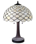 Stained Glass Banker Jeweled Table Lamp With White And Yellow Shade, 26 Inch Tall Vintage Style Nightstand Light for Living Room or Bedroom