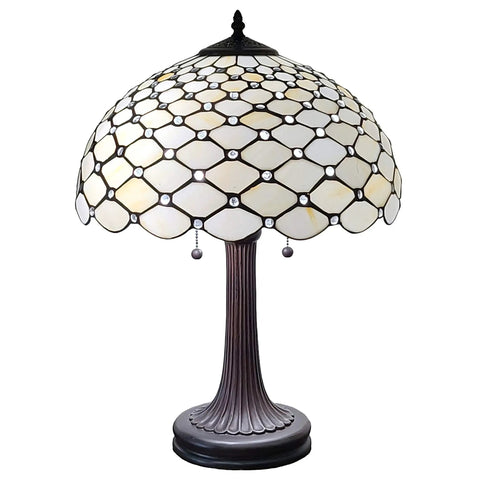 Stained Glass Banker Jeweled Table Lamp With White And Yellow Shade, 26 Inch Tall Vintage Style Nightstand Light for Living Room or Bedroom