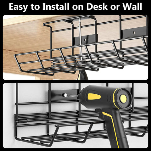 Installation process of 2 Pack Under Desk Cable Management Tray Set, Heavy Duty Metal Cord Organizer For Desk, with power drill