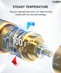 EVERSTEIN 12" Rainfall Shower System with Handheld Spray, Brushed Gold showing temperature control mechanism at 100°F.