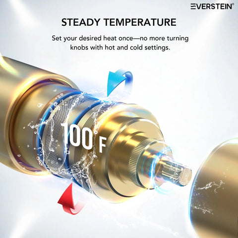 EVERSTEIN 12" Rainfall Shower System with Handheld Spray, Brushed Gold showing temperature control mechanism at 100°F.