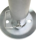 A-frame trailer tongue jack base, silver, circular mounting plate with two holes (close-up)