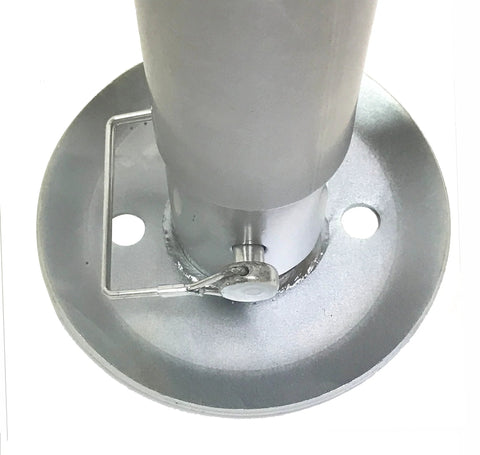 A-frame trailer tongue jack base, silver, circular mounting plate with two holes (close-up)