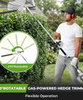 Man using 270° rotatable hedge trimmer from Six In One Beast Of A Gas Powered Weed Wacker Kit With 52cc 2 Stroke Engine in garden