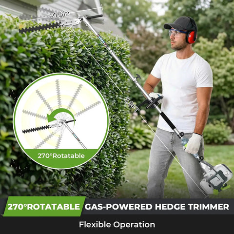 Man using 270° rotatable hedge trimmer from Six In One Beast Of A Gas Powered Weed Wacker Kit With 52cc 2 Stroke Engine in garden
