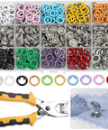 11mm Metal Snap Button Kit With Heavy Duty Press Tool Pliers 800 Pieces In 10 Colors DIY Clothes And Craft Friendly Snap Fasteners Set For Sewing Garments And Accessories, displayed with pliers and installed snaps