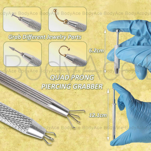Piercing Taper Ball Grabber Tool Set 14G 16G 18G 20G Stainless Steel for Easy Jewelry Change shown held with gloved hand