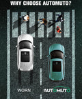 Overhead view of two cars at crosswalk with pedestrians, labeled 'Worn' and 'Automuto'