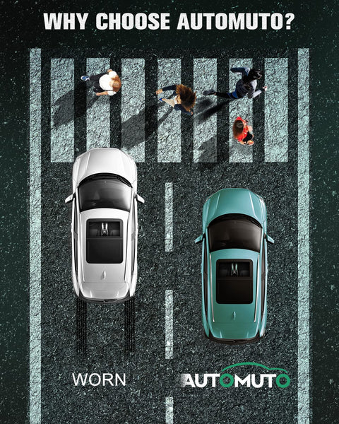 Overhead view of two cars at crosswalk with pedestrians, labeled 'Worn' and 'Automuto'