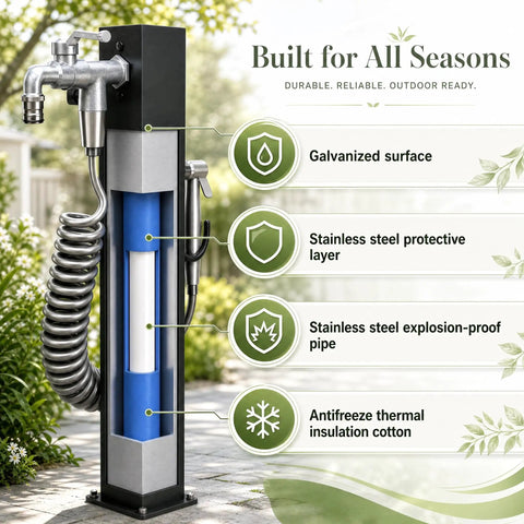 Built Like A Tank Frost Proof Yard Hydrant And Outdoor Faucet With Sprinkler Head Heavy Duty Galvanized Garden Water Column close-up view showing galvanized surface and pipe features.