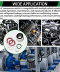 Wide application of 110 Piece Air Conditioning Compressor Seal Washers Assortment Kit With 12 Sizes For Automotive A C Repair Port Bonded Seals And Gaskets DIY Friendly Auto A C Service Kit shown with car engines and compressors.