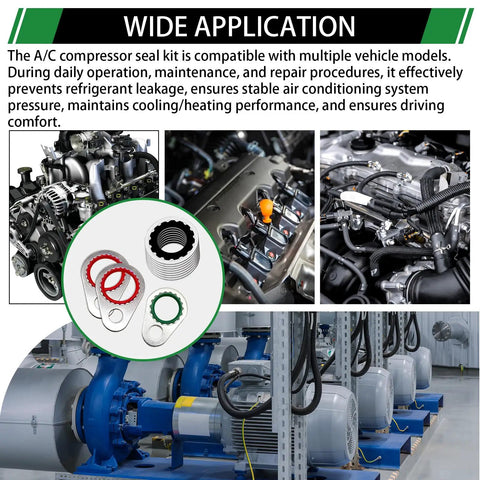 Wide application of 110 Piece Air Conditioning Compressor Seal Washers Assortment Kit With 12 Sizes For Automotive A C Repair Port Bonded Seals And Gaskets DIY Friendly Auto A C Service Kit shown with car engines and compressors.